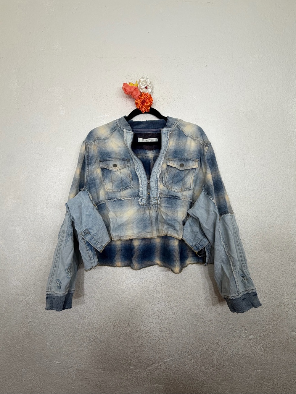 Free People We The Free Mixed Media Plaid Denim Cropped Quarter Zip Top XS